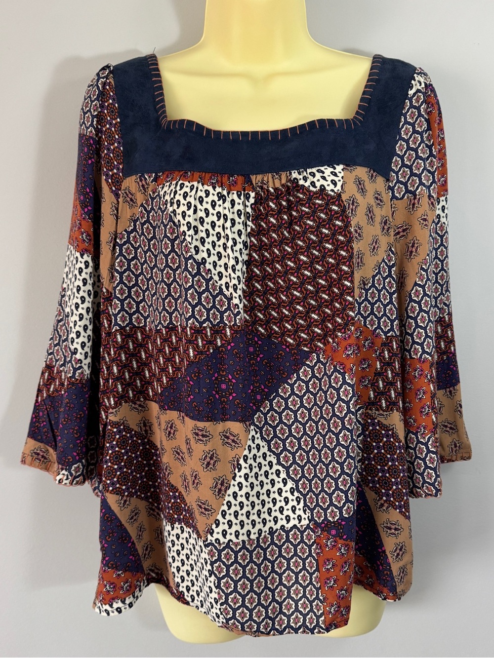 Skies Are Blue Patchwork Boho Bell-Sleeve Blouse Faux Suede Square Neck Medium